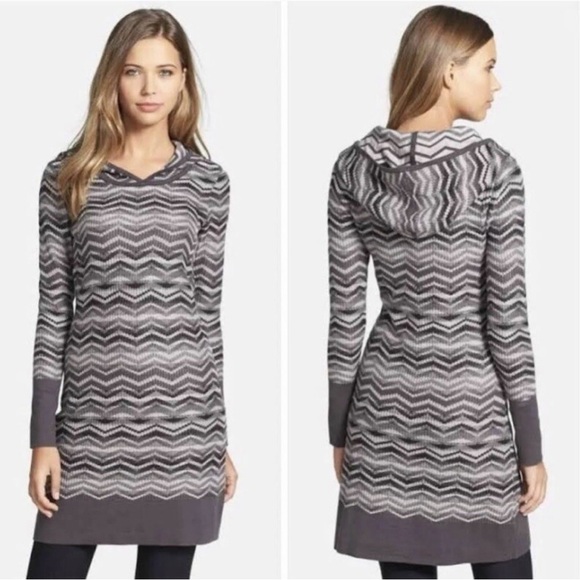 PrAna Meryl Hooded Sweater Dress Gray Chevron Size S - Picture 2 of 11